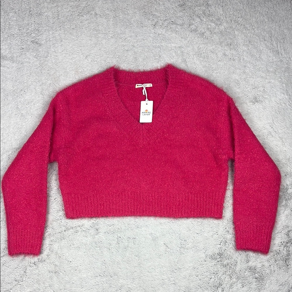 NEW Marine Layer‎ Teddy Eyelash V-Neck Sweater Raspberry Cropped Womens XS